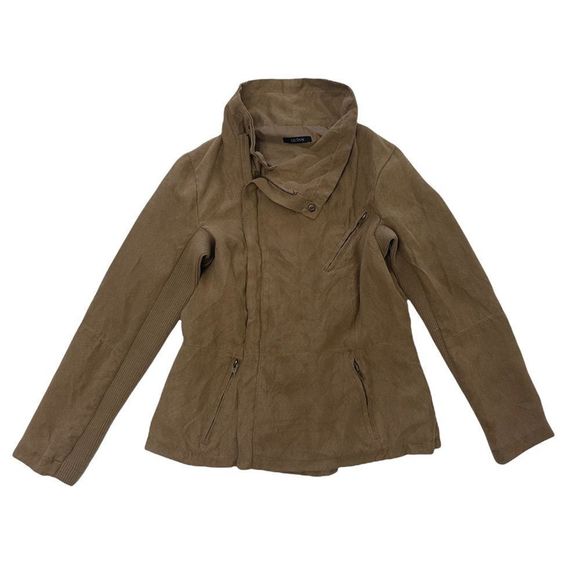 QUINN camel brown tan asymmetrical faux suede zip up jacket long sleeve medium - Picture 1 of 11